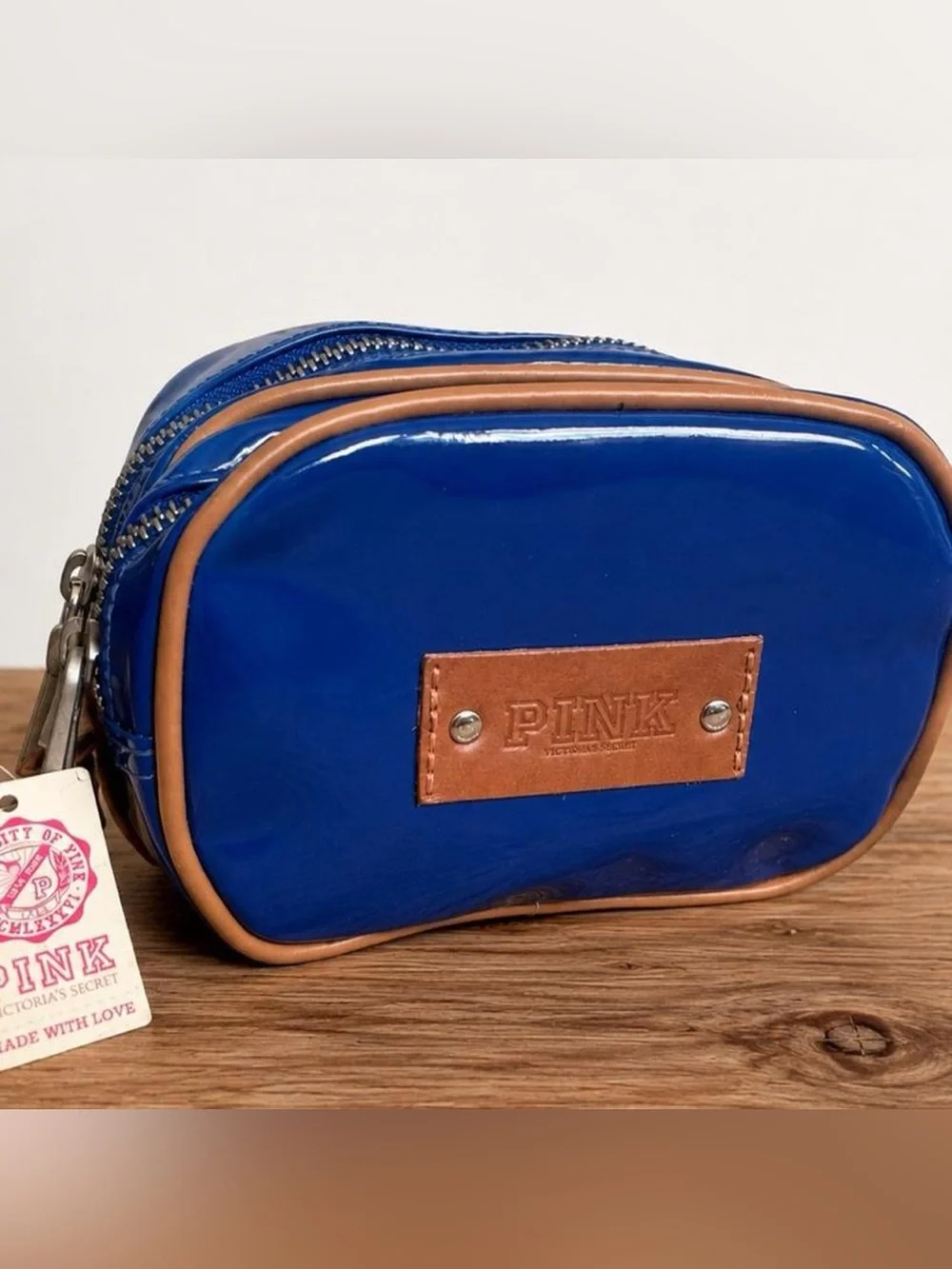 PINK Victoria's Secret Glossy Blue Travel Pouch with Tan Trim